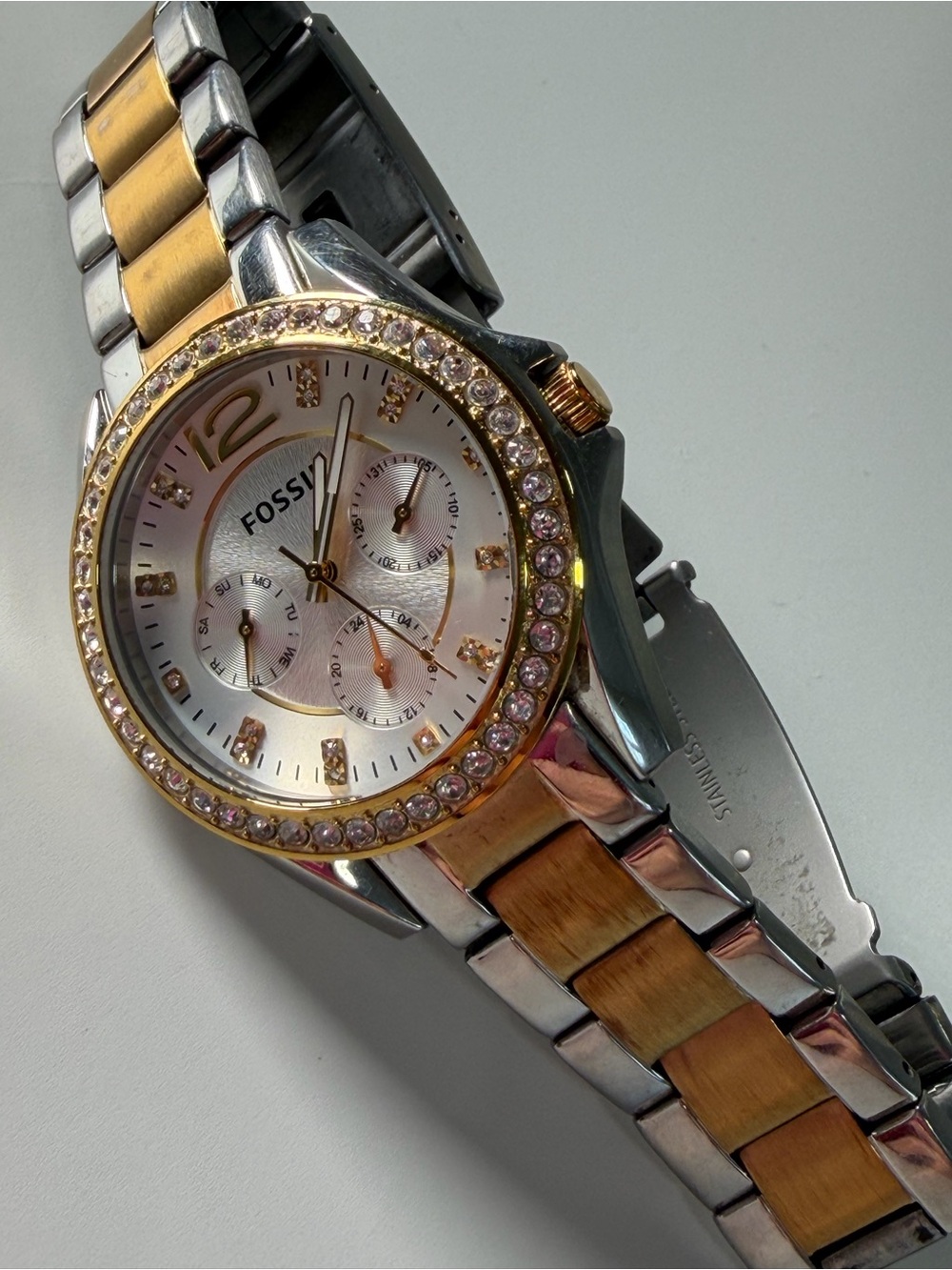 Fossil Two-Tone Rose Gold and Silver Crystal Bezel Women's Watch